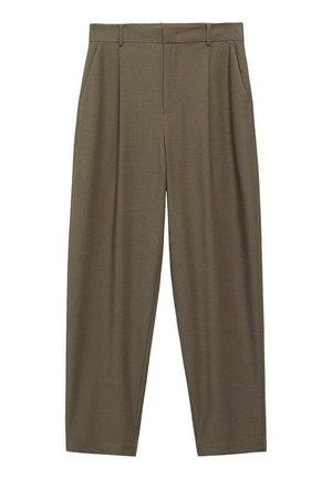 Pantalons marron ajustés avec des plis, jambes droites et poches latérales. Fabriqués en tissu lisse avec une texture douce, adaptés pour un usage décontracté ou formel.