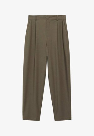 Brown tailored trousers with pleats, straight legs, and side pockets. Made from a smooth fabric with a soft texture, suitable for casual or formal wear.