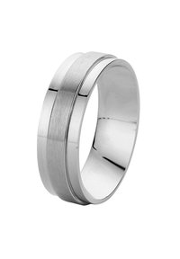 Brushed silver band ring with a smooth polished center stripe, featuring a wide and rounded design for a contemporary look.
