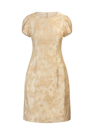 Beige aansluitende jurk met korte pofmouwen, voorzien van een gegraveerd vlinder- en bloemdesign. Sluiting met een rits op de rug, zachte textuur.