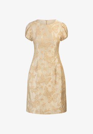 Robe ajustée beige avec de courtes manches bouffantes, ornée d'un motif en relief de papillons et de fleurs. Fermeture éclair au dos, texture lisse.