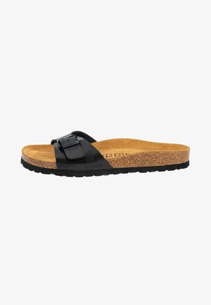 Schwarze Birkenstock-ähnliche Schiebesandale mit einem Korkfußbett, strukturiertem Gummisohle, verstellbarem Riemen und mattem Finish des Obermaterials.