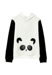 Felpa con cappuccio caratterizzata da un corpo bianco, maniche nere e una tasca con faccia di panda testurizzata e dettagli ricamati.