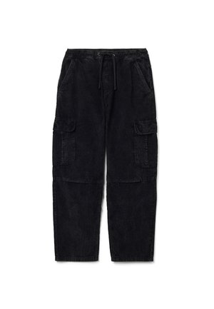 Pantalones cargo de pana negra con cintura elástica, cordón ajustable, cuatro bolsillos laterales y diseño de pierna recta.