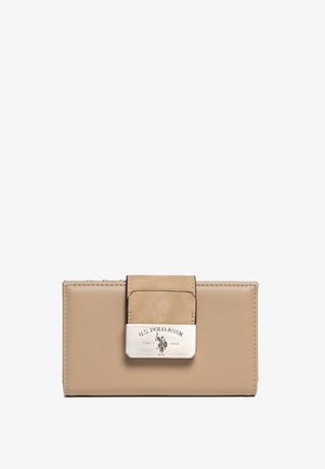 Beige leather wallet with a silver metal clasp featuring the U.S. Polo Assn. logo. Smooth texture with contrast accents on the clasp.