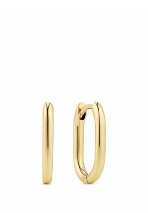 Guld hoop øreringe med en glat, poleret finish. Har en bred, forlænget form og en enkel lås.