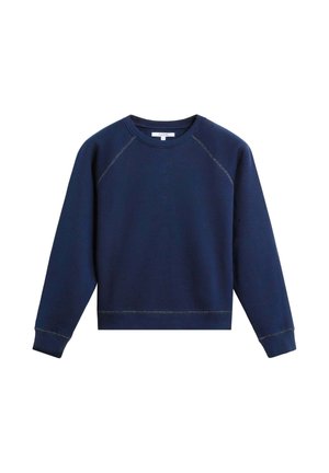 Sudadera azul marino hecha de una tela suave, con mangas raglán, puños acanalados y un dobladillo recto con detalles de costura en contraste.