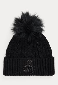 Černá pletená čepice s huňatým bambulí na vrcholu, s žebrovaným lemem a ozdobnou výšivkou zdobenou mal ými broušenými kamínky.