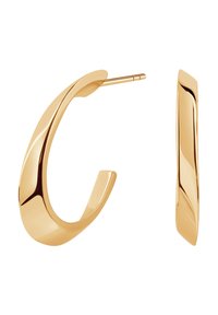 Złote kolczyki w kształcie kół z zakrzywionym designem, gładką powierzchnią i zapięciem na zatrzask. Charakteryzują się eleganckim, wypolerowanym wykończeniem i otwartymi końcami.