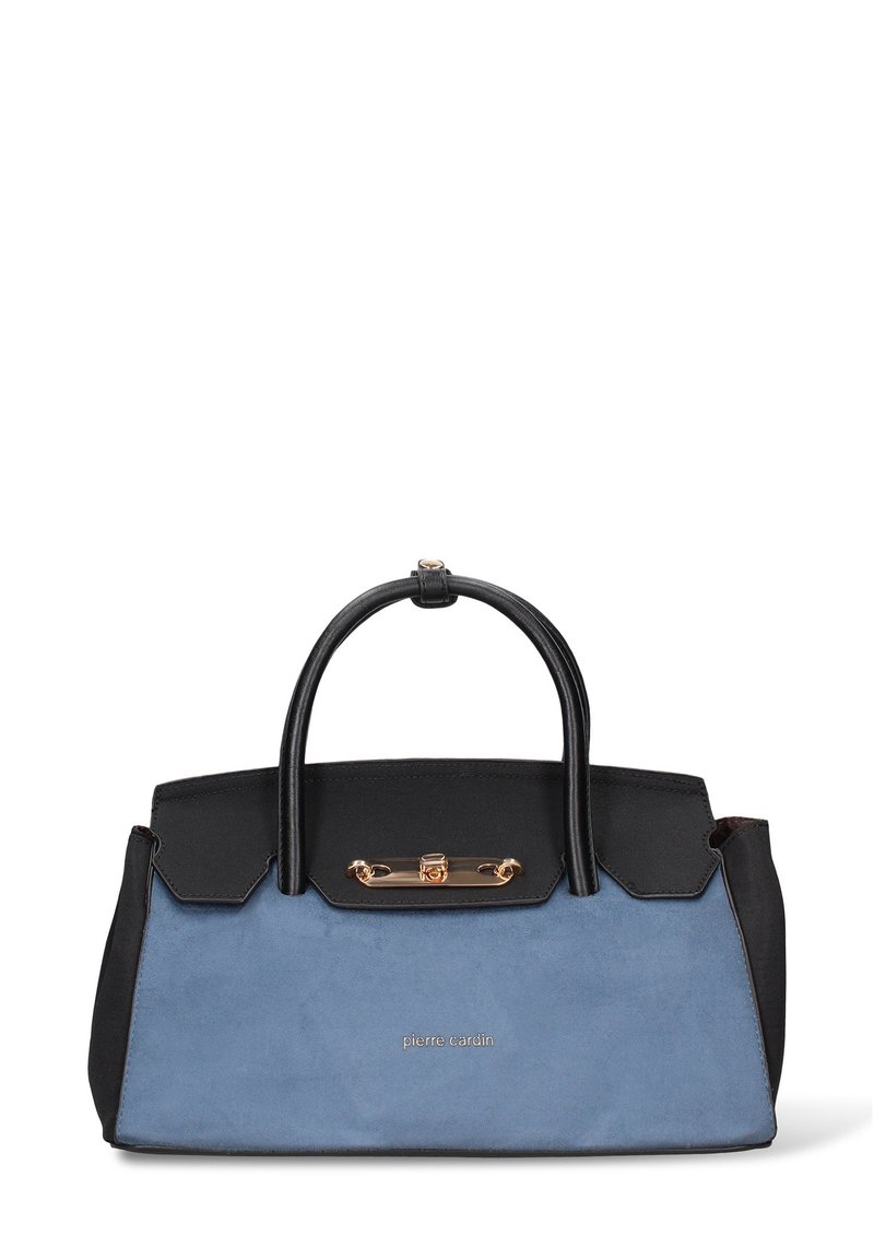 Borsa a due tonalità con parte superiore in pelle nera e corpo in suede blu. Dotata di chiusura dorata e manici corti in pelle. Logo visibile sul davanti.