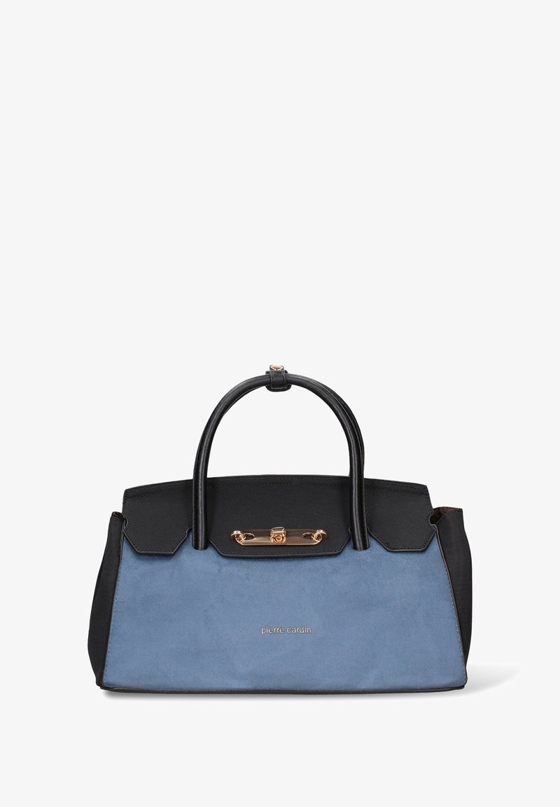 Borsa a due tonalità con parte superiore in pelle nera e corpo in suede blu. Dotata di chiusura dorata e manici corti in pelle. Logo visibile sul davanti.