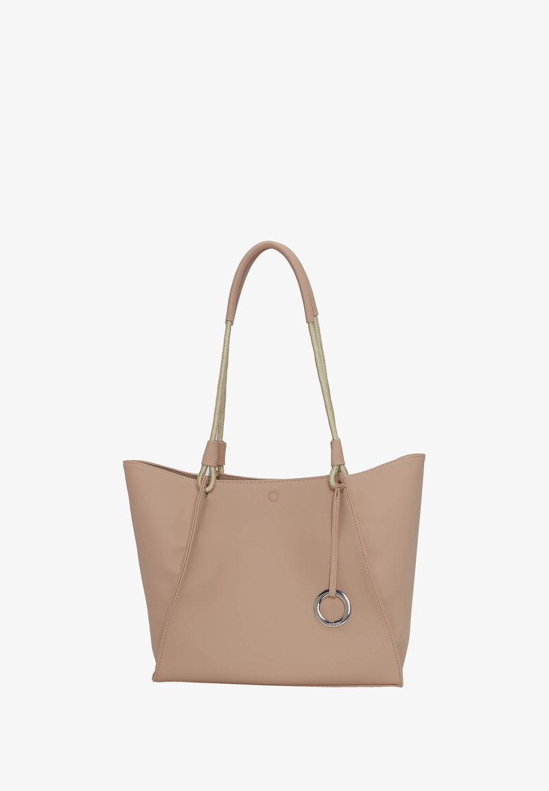 Sac fourre-tout rose en cuir lisse, avec des poignées en corde et un accent en métal argenté. Ouverture large, forme trapézoïdale.