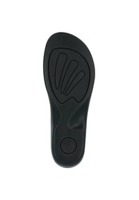 Black rubber shoe insole with textured surface, featuring an arch support design and rounded heel. Embossed logo and sizing details included.