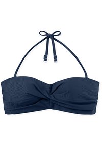 Marineblauw, textuur buste bikini top met gedraaide details aan de voorkant en verstelbare halsbandjes. Bevat een gladde afwerking en een subtiel patroon.