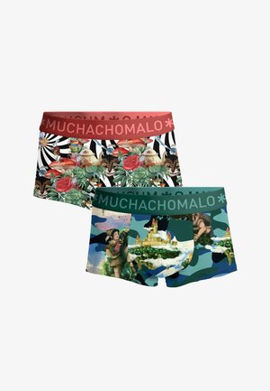 Zwei gemusterte Boxershorts, eine mit rotem Bund und surrealem Druck aus Katzen, Pilzen und Pflanzen; die andere mit grünem Bund und Fantasieschloss- und Figurenmuster.
