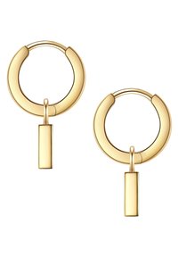 Zelta auskari ar blokveida piekari. Gluda tekstūra, apaļa forma un minimālistisks dizains. Vienkārša un mūsdienīga estētika.