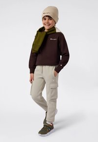 Braunes Sweatshirt mit Logo, beigefarbene Mütze, olivgrüner Schal, cremefarbene Cargo-Hose und olivgrüne Sneakers mit Akzenten. Lässiger, geschichteter Look.