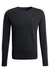 Dark gray long-sleeve crewneck sweater with subtle logo on left chest, ribbed cuffs and hem, displayed on a white background.