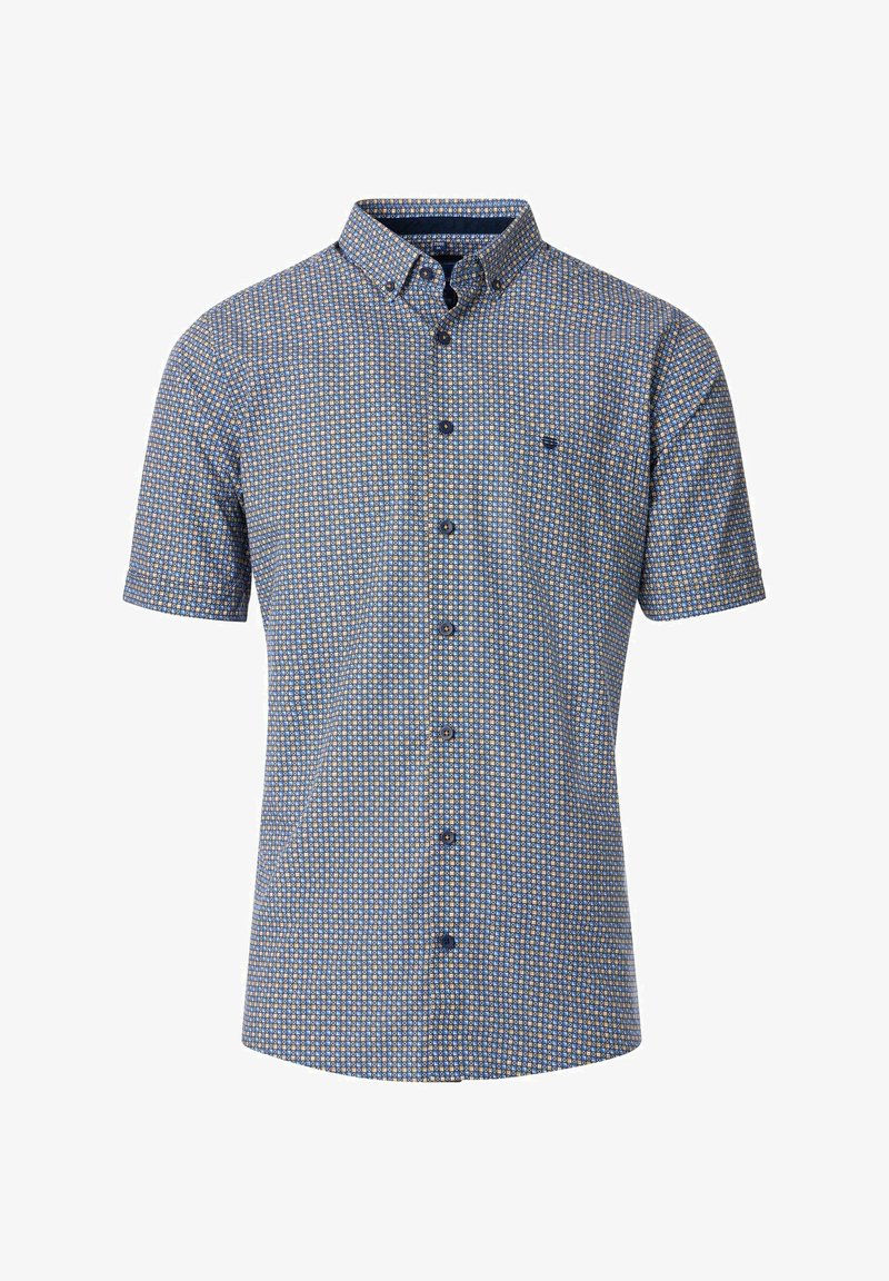 Koszula z krótkim rękawem zapinana na guziki w niebieskim kolorze z geometrycznym wzorem. Posiada kołnierzyk typu button-down oraz subtelny detal z logo na piersi.