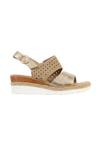 Sandale compensée beige avec bride perforée, bande métallique au niveau des orteils, boucle ajustable, garniture en jute et semelle blanche texturée.