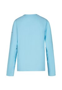 Maglietta azzurro chiaro a maniche lunghe con una texture liscia, scollo rotondo e maniche raglan. Nessun motivo visibile o dettagli in metallo.