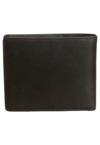 Portafoglio in pelle nera con superficie testurizzata, forma rettangolare e cuciture visibili lungo i bordi. Nessun motivo o accessorio esterno.