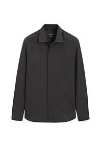 Camicia a maniche lunghe di un grigio scuro, con un sottile motivo a quadri, colletto dritto e sei bottoni neri sul davanti.