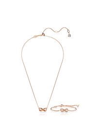 Schmuckset aus Roségold mit einer Halskette mit Unendlichkeitssymbol-Anhänger und passendem Armband, beide mit zarten Kettengliedern und Akzenten.