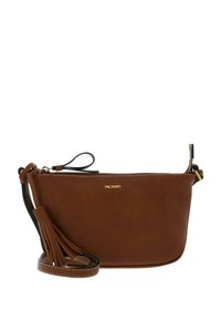 Sac bandoulière en cuir marron avec une finition texturée, fermeture zippée et un détail de pompon. Comprend une sangle fine et amovible. Accent de logo doré.