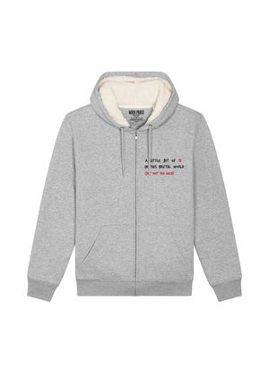 Grijze rits-hoodie met een zachte binnenkant. Heeft een capuchon, twee voorzakken en bedrukt tekst aan de linkerkant.