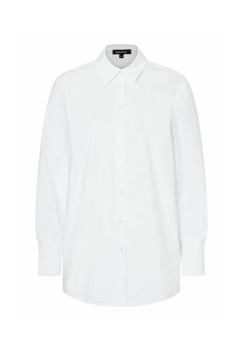 Witte lange mouwen blouse van katoen, met een klassieke kraag, frontale knoopsluiting en een rechte snit met zijsplitten.