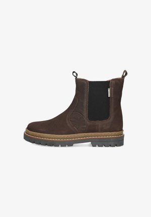 Bottines Chelsea en cuir marron avec panneaux élastiques sur les côtés, languette de tirage, semelle texturée et coutures décoratives le long de la semelle.