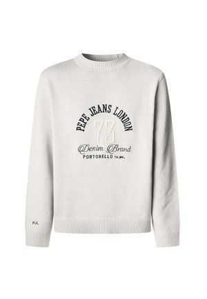 Helehall hall sweater, mis on tehtud pehmest kudumisest. Omab soonikuga mansette ja alläärtega, esiosas on tikand "Pepe Jeans London 73".