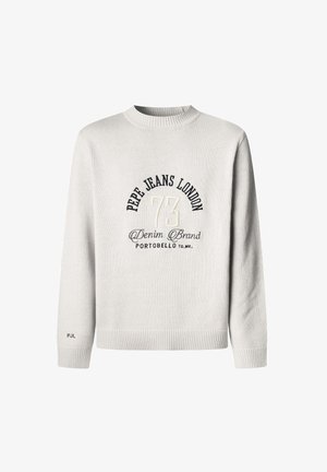 Vaaleanharmaa neulepaita, joka on valmistettu pehmeästä neulotusta kankaasta. Ominaisuuksiin kuuluvat ribbireunat hihansuissa ja helmassa, sekä brodeerattu "Pepe Jeans London 73" edessä.