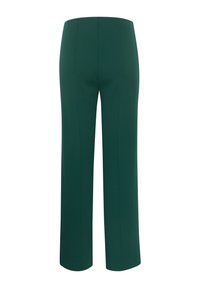 Zelené široké kalhoty vyrobené z hladké látky s vysokým pasem a vertikálními švy, které nabízejí elegantní vzhled s rovnými nohavicemi.