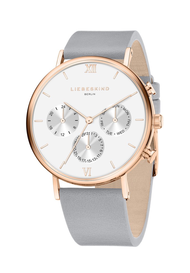 Runde Uhr mit einem weißen Zifferblatt, drei Nebenzifferblättern, Akzenten in Roségold und einem grauen Lederarmband. Verfügt über römische Ziffern bei 12 und 6.