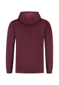 Bordeauxrode hoodie met lange mouwen, een capuchon met trekkoord en geribbelde zoom en manchetten. Gladde textuur, eenvoudig ontwerp zonder afbeeldingen.