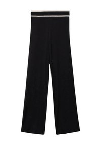 Pantalons larges noirs en tissu doux, dotés d'une ceinture élastique blanche contrastante, d'une texture lisse et d'un design long.