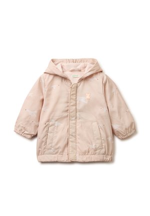 Hellrosa Jacke für Kleinkinder mit Kapuze, Taschen auf der Vorderseite, elastischen Bündchen, dezentem Schwanenmuster und Reißverschluss, der von einer Stoffklappe verdeckt wird.