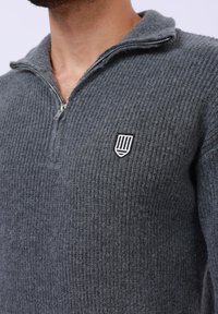 Grau gestreifter Pullover aus strukturiertem Wollmaterial, mit einem Reißverschlusskragen und einem kleinen gestickten Emblem auf der Brust.