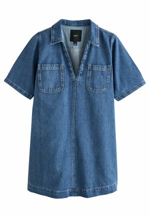 Denim short-sleeve dress with open V-neck, collar, and two front patch pockets, made from medium blue fabric.