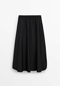 Jupe midi noire avec ceinture élastique, coupe trapèze et tissu lisse suspendu sur fond blanc.