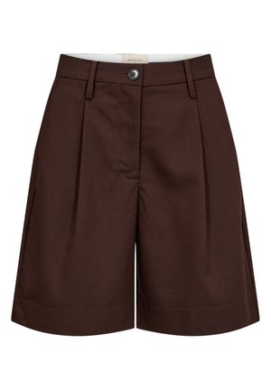 Donkerbruine, op maat gemaakte knielange short met riemlussen, voorste knoop en verborgen ritssluiting.