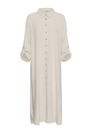 Hosszú, bézs színű, gombos ingruha felhajtott ujjakkal és klasszikus gallérral, könnyű anyagból készült.