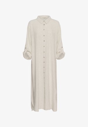 Hosszú, bézs színű, gombos ingruha felhajtott ujjakkal és klasszikus gallérral, könnyű anyagból készült.