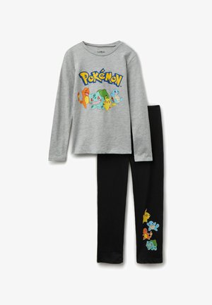 Gray long-sleeve shirt with colorful Pokémon graphic; black leggings with small Pokémon prints on the lower leg. Cotton blend fabric.