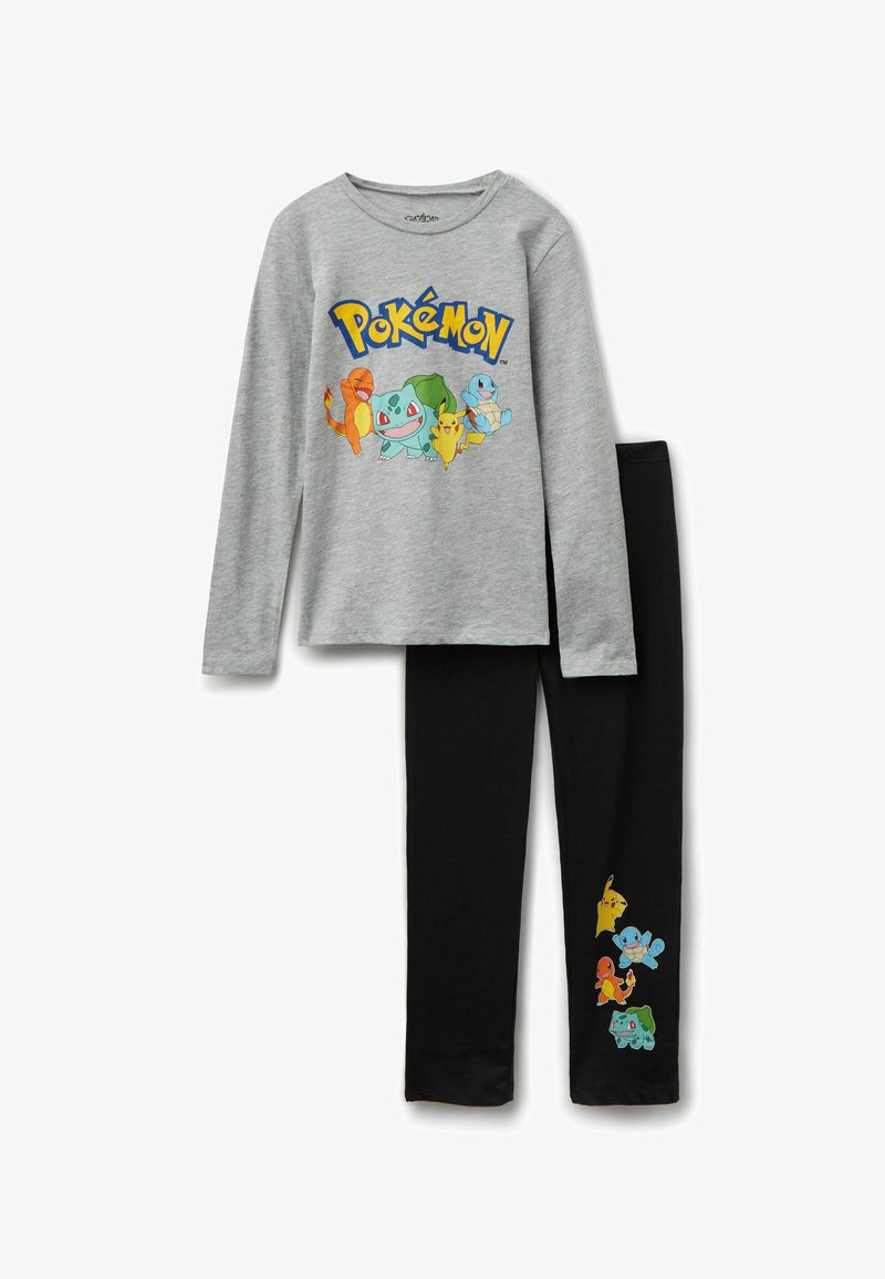 Graues Langarmshirt mit buntem Pokémon-Graphic; schwarze Leggings mit kleinen Pokémon-Drucken an der unteren Beinpartie. Baumwollmischgewebe.