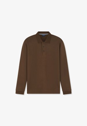 Braunes langärmeliges Polohemd mit strukturiertem Muster, drei Knöpfen und klassischem Kragen.