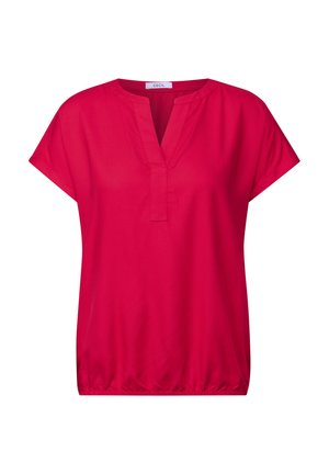 Blouse rouge à manches courtes avec un col en V, ourlet froncé et un tissu léger et lisse. Présente un léger éclat et une coupe ample.