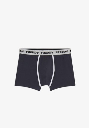 Bóxers grises oscuros con una cinturilla negra y blanca con el logo "FREDDY" y detalles de costuras blancas, confeccionados en un tejido suave y elástico.
